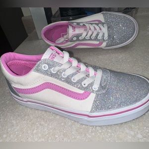 Van Girls Silver pink white sparkle lace Vans sneakers shoes gym shoes retro Sz3